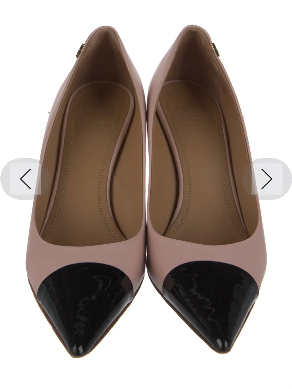 Tory Burch Blush Leather Pointed-Toe Pumps with Black Patent Cap